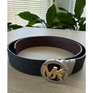 Michael Kors Reversible Belt Black Brown MK Logo Buckle Mixed Metal Silver Gold